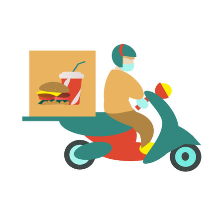 Moped delivery of fast food Flat illustrationのイラスト素材