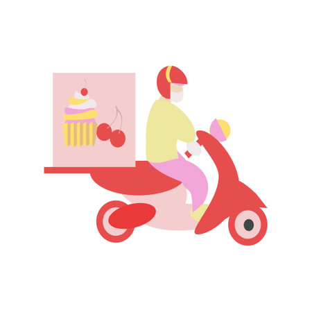 Moped delivery of desserts Flat illustrationのイラスト素材