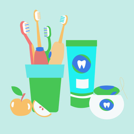 Dental cleaning tools set of Toothbrushes in glass Flat illustrationのイラスト素材