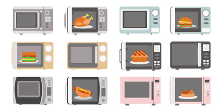 Microwave and food set Flat illustrationのイラスト素材