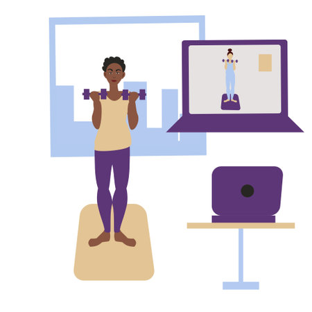 African American girl doing exercises with dumbbells Online workout whith coach Vector illustrationのイラスト素材