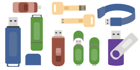 Flash drive (USB memory) icons set Flat vector illustrationのイラスト素材