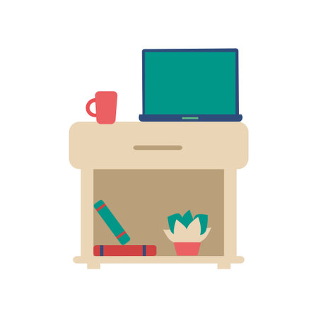 Nightstand with books and laptop and cup of tea Flash vector illustrationのイラスト素材