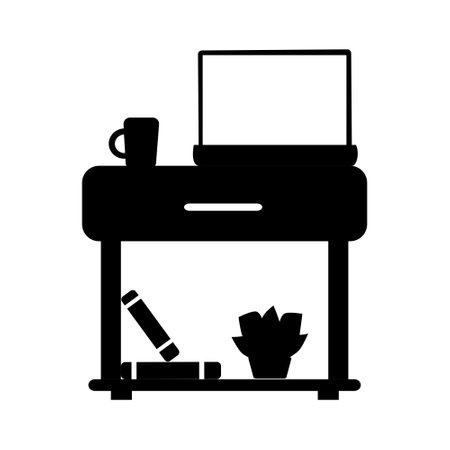 Simple icon of nightstand with books and laptop and cup of tea Vector illustrationのイラスト素材
