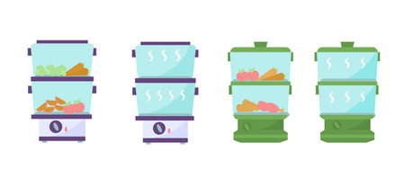 Set of steamer flat illustration Cooking vegetables in a double boilerのイラスト素材