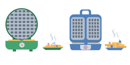 Set of waffleirons and plates of waffles Flat vector illustrationのイラスト素材