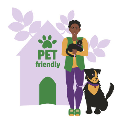 Dark-skinned woman with cat and dog. Background house with pet friendly sign and dog foot print Flat illustrationのイラスト素材