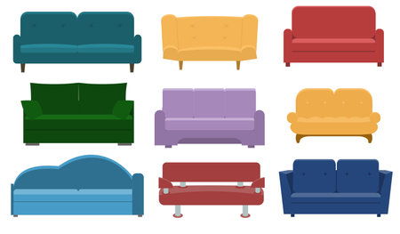 Comfortable modern sofa of different colors Flat illustration isolated setのイラスト素材