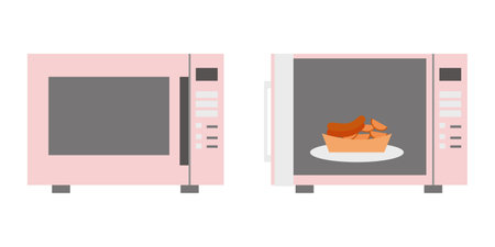 Microwave oven with closed door and microwave oven with sauseges and potato Flat illustrationのイラスト素材