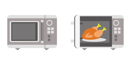 Microwave oven with closed door and microwave oven with chicken Flat illustrationのイラスト素材