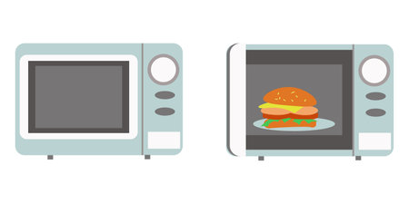 Microwave oven with closed door and microwave oven with burger Flat illustrationのイラスト素材