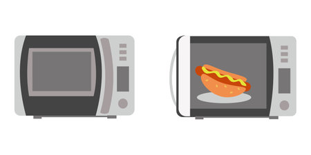 Microwave oven with closed door and microwave oven with hot dog Flat illustrationのイラスト素材