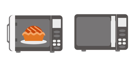 Microwave oven with closed door and microwave oven with pie Flat illustrationのイラスト素材