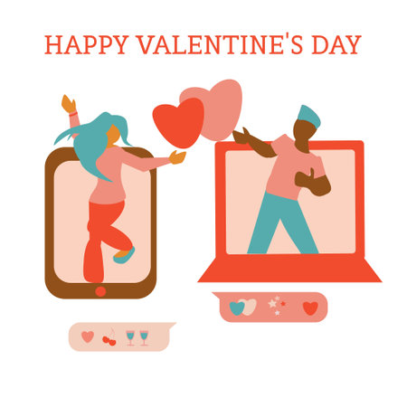 Valentines day postcard Long distance relationships of an interracial couple Young couple dance together through video call Flat illustrationのイラスト素材