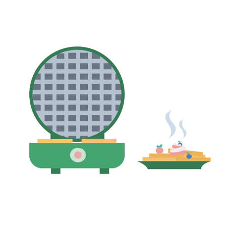 Green Waffleiron and plate of waffles Flat illustrationのイラスト素材
