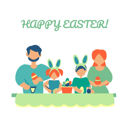 Family coloring easter eggs Easter card Flat illustrationのイラスト素材