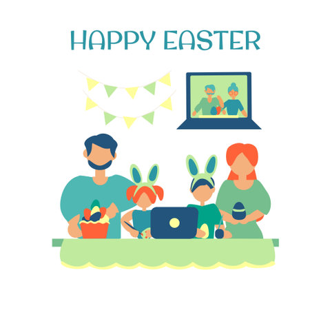 Family celebrate Easter together through video call Easter party online Vector illustrationのイラスト素材