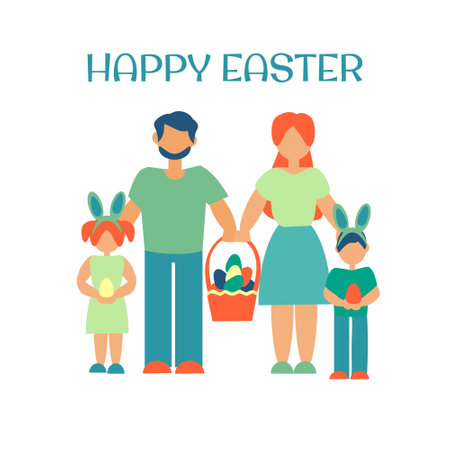 Family with basket of easter eggs Happy easter card Flat vector illustrationのイラスト素材