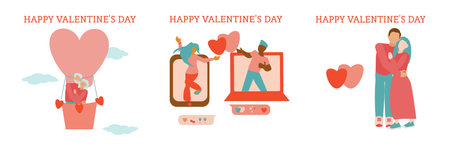 St Valentine cards Long distance relationships of an interracial couple Young couple dance together through video call Hugging couple Old couple traveling by hot air baloon....のイラスト素材