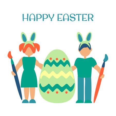 Children coloring Easter eggs Happy Easter card Flat illustrationのイラスト素材