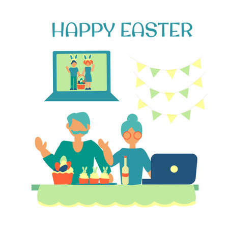 Family celebrate easter together through video call Grandparents talking to grandchildren Easter party online Vector illustrationのイラスト素材