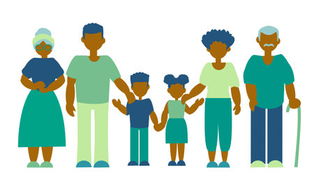 African american family: mother, father, son daught grandparents Flat illustrationのイラスト素材