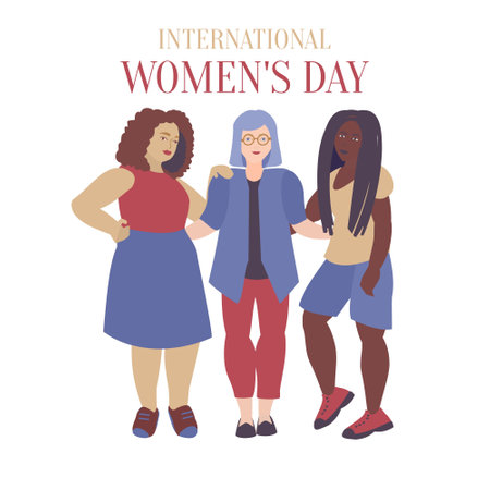 International women's day card Flat illustration of three diverse womanのイラスト素材