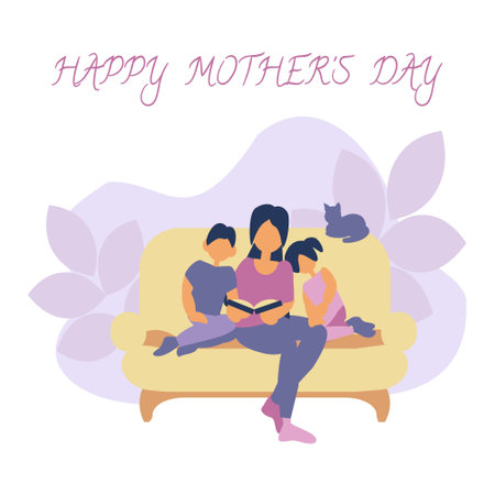 Mom reads book for son and daughter Mother's day card Flat illustrationのイラスト素材