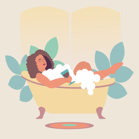 Women relaxing in bathtub with glass of wine Flat illustrationのイラスト素材