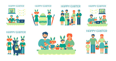 Easter card set Family celebrate easter together and through video call Set of vector flat ilusstrationsのイラスト素材