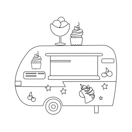 Food truck with ice cream and cake outline icon Vector illustrationのイラスト素材