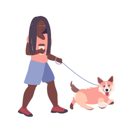 African american girl walks with her dog Flat illustrationのイラスト素材