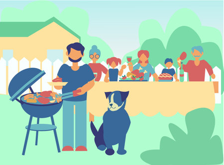 Backyard activities Happy Family with dog cooking barbecue Flat illustrationのイラスト素材