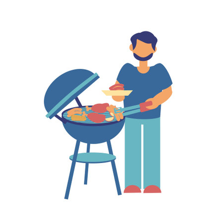 Man cooking barbecue with sausage, chiken and corn Flat vector illustrationのイラスト素材