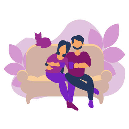 Young couple sitting on yellow sofa with cat Flat vector illustrationのイラスト素材