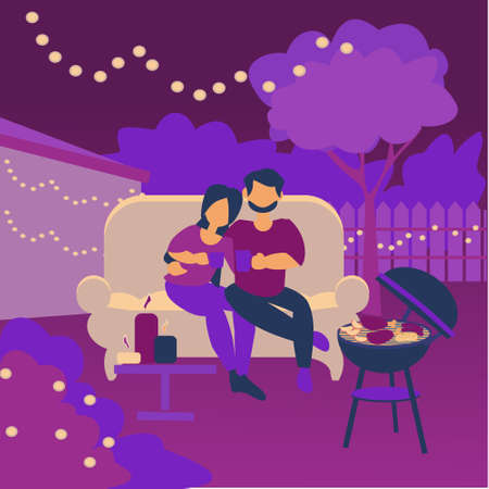 Young couple sitting in the backyard at night Romantic date in garden Vector flat illustrationのイラスト素材