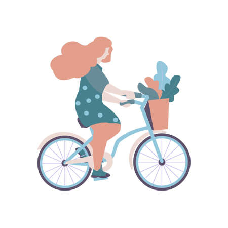 Ginger young girl on bicycle with basket of leaves Flat illustrationのイラスト素材