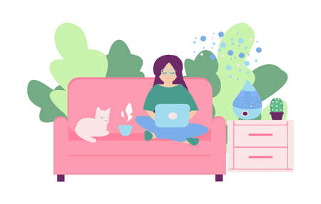 Freelancer working at home Young women seat on sofa with note book and humidifier on nightstand The cat lies next to the girlのイラスト素材