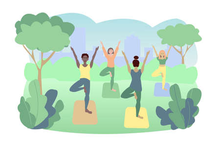 Outdoor yoga in city park Four young woman do exercises Vector flat illustrationのイラスト素材