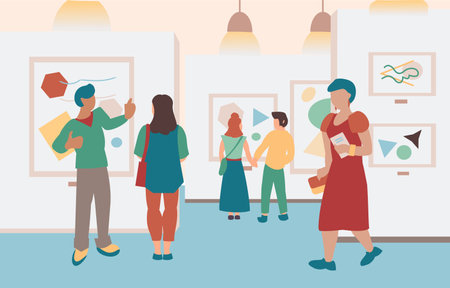 Man and woman visit gallery of modern art. Museum exibits Flat vector illustrationのイラスト素材
