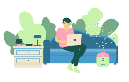 Freelancer working at home Young men seat on sofa with notebook and humidifier on nightstandのイラスト素材