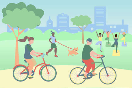 Outdoor fitness. Men and women riding a bake., African american girl run with dog, Four young woman do yoga exercises Flat vector illustrationのイラスト素材