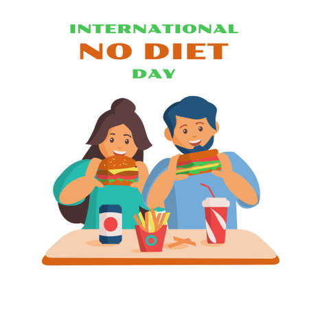 No diet day card Men and woman eat fast food, burger and sandwich and drink soda Cartoon illustrationのイラスト素材