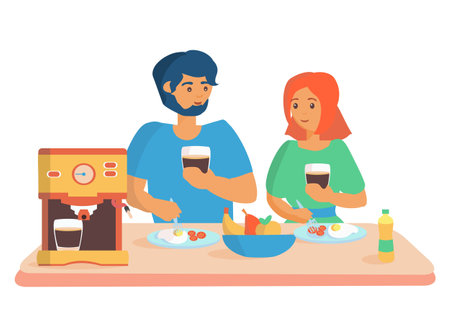Men and women have breakfast at home and drink cofee from cofee maker Cartoon vector illustrationのイラスト素材