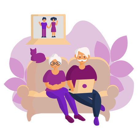 Eldery grandparents talking to grandchildren through video call Vector cartoon illustrationのイラスト素材