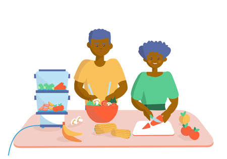 Young african american women and men cooking vegetarian food at home Cooking vegetables in a double boiler steamer Cartoon illustrationのイラスト素材
