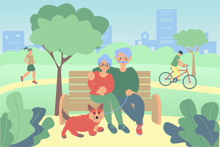 Senior couple and their dog sitting on bench in spring park Men riding a bike. African american girl run Flat vector illustrationのイラスト素材