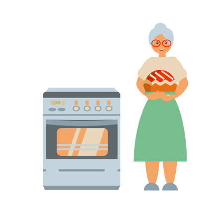Happy grandmother baking pie on kitchen with oven Flat vector illustrationのイラスト素材