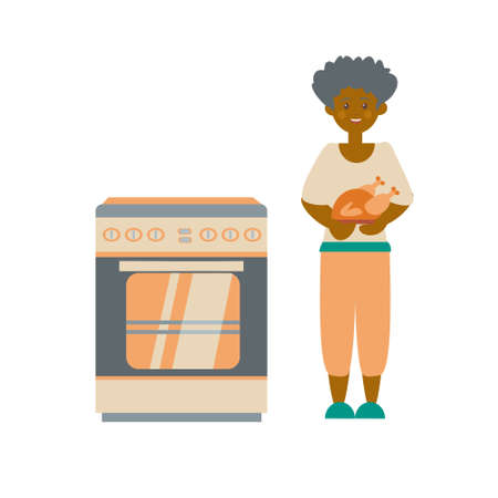 African-American womencooking roasted chiken on kitchen with oven Flat vector illustrationのイラスト素材