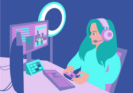 Game streaming concept illustration Girl game streamer play video game online Flat illustrationのイラスト素材
